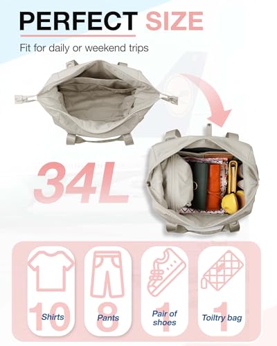 BAGSMART BAGSMART Gym Bag for Women, Carry on Weekender Overnight Bag, Travel Duffel Bags with Trolley Sleeve, Personal Item Travel Bag Tote Bag Workout Dance Bag, Beige-34L