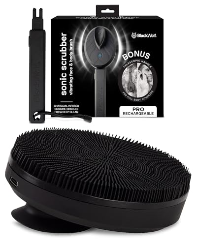 Black Wolf Silicone Body Scrubber & Exfoliator - Vibrating Loofah Shower Scrubber Brush with Handle Extension for Back - Deep Cleaning & Exfoliating Body Scrub - Bath Hygiene Essentials - Men & Women