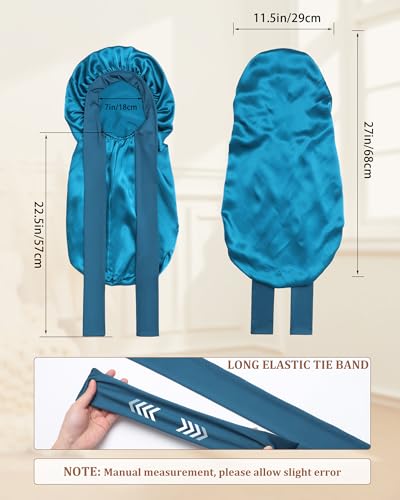 AWAYTR Long Silk Bonnet for Sleeping - 100% Mulberry Silk Bonnet for Women Long Hair Sleep Cap with Elastic Tie Band (Peacock Blue)