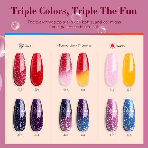 AZUREBEAUTY Color Changing Dip Powder Nail Kit Starter Fall Winter Glitter Pink Blue Purple Orange Mood Temperature Change Dipping Powder Liquid Set with Base Top Coat Activator for Home Manicure Gift