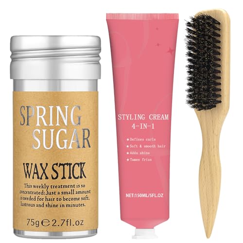4-in-1 Styling Cream for Flyaways, Curl Defining & Shine – with Slick Back Boar Bristle Brush & Hair Wax Stick – Smooth Sleek Hair Tamer Set, Non-Greasy, for Women & Kids