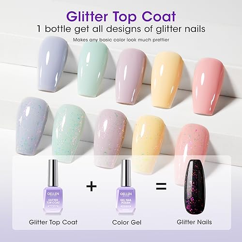 Gellen Gel Top and Base Coat, 4pcs 18ml No Wipe Matte Glossy Glitter Gel Top Coat, Clear UV Base Coat Gel Nail Polish, Soak Off Nail Lamp Gel Base Top Coat Long Lasting Home Gel Manicure