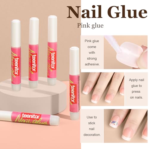 Teenitor Almond French Tip Black Press On Nails - Short, Medium Coffin Shapes - Glue On Nails Kit