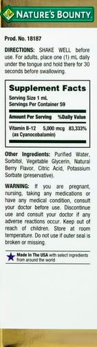 Nature's Bounty Vitamin B12 5000 Mcg Sublingual Liquid, Cardiovascular Health & Cellular Energy Support, 2 Fl Oz (1 Count)