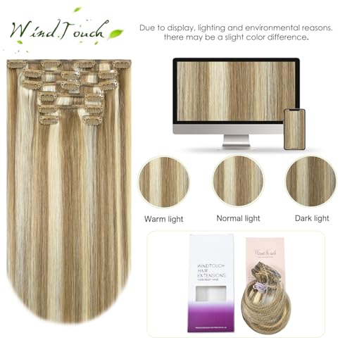 WindTouch Clip in Hair Extensions Real Human Hair Balayage Mixed Bleach Blonde Hair Extensions 15Inch 75g 7PCS Highlights Straight Blonde Clip in Extensions for Women