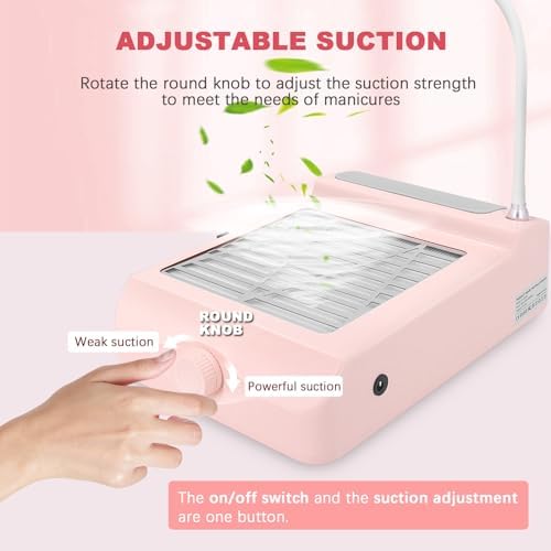 AONOLOVO Nail Dust Collector, Adjustable Suction, Professional Nail Fan Dust Collector with Light Manicure Dust Collector Nail Tech Vacuum Cleaner Machine for Acrylic Nails Removal, Pink
