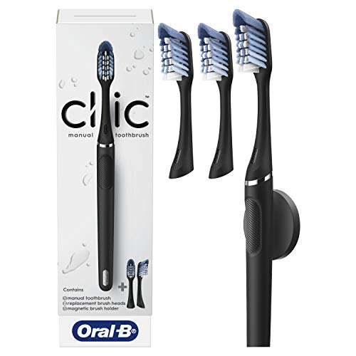 Oral-B Clic Manual Toothbrush, Matte Black, with 3 Replaceable Brush Heads and Magnetic Holder