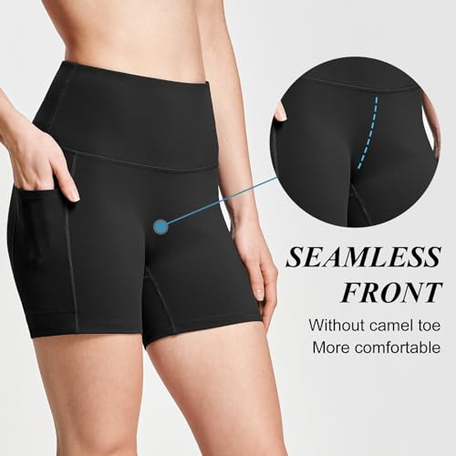 BALEAF Biker Shorts Women Yoga Gym Workout Spandex Running Volleyball Tummy Control Compression Shorts with Pockets Soft 5" Black XS