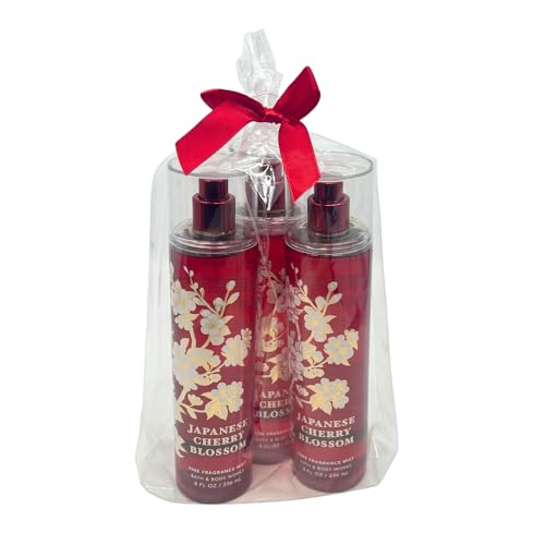 Bath & Body Works JAPANESE CHERRY BLOSSOM Fine Fragrance Mist Gift Set with a Red Bow for Holiday & Gifts - Pack of 3