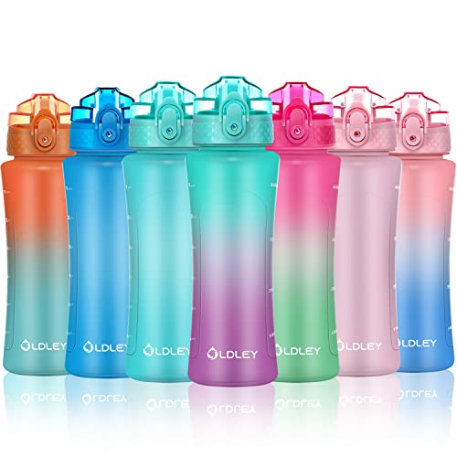 OLDLEY Kids Water Bottle with Straw 15 oz BPA-Free Leak-Proof Motivational Water Bottles with Time Marker for School Sports Travel Gym, Easy to Use for Girls Goys, 1 Straw Lid, Mint Purple
