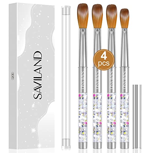 SAVILAND Kolinsky Acrylic Nail Brush Set: Size 6,10,12,14 Professional Nail Brushes with Silver Handle for Acrylic Powder Application Extensions & 3D Carving Home Salon Manicure DIY Nail Art Tools