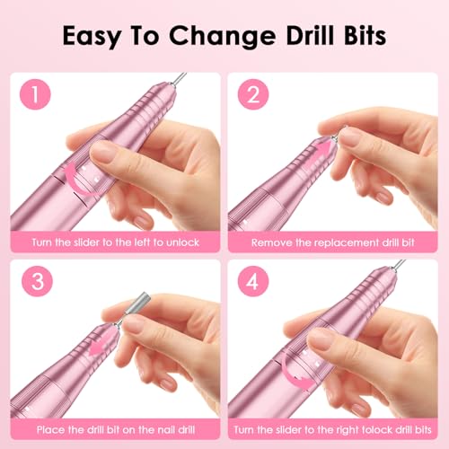 Professional Electric Nail Drill File, HUGMAPLE 45000RPM Portable E-File Machine with Bits & Base, Rechargeable Cordless Nail Drill Kit for Shaping, Removing & Polishing Gel Nails for Salon Home