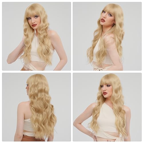 BARSDAR Long Wavy Blonde Wig With Bangs - 26 Inch Long Wavy Blonde Wig with Bangs for Women - Thick Soft Synthetic Hair Replacement Wigs Natural Looking Daily Cosplay Party Halloween