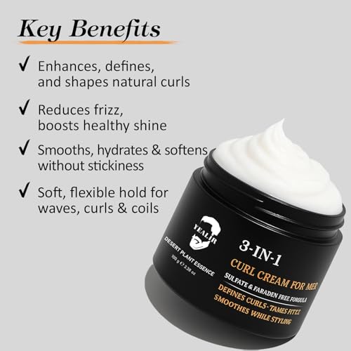 3-in-1 Curl Cream for Men - Defines Curls, Tames Frizz, Adds Smoothness and Texture for Curly and Wavy Hair, Hair Styling Cream with Desert Derived Extracts, Sulfate - Free 3.38 oz