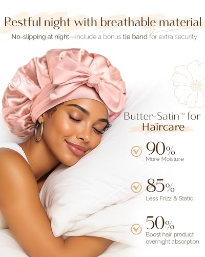 YANIBEST Adjustable Satin Bonnet for Sleeping, Double Layer Silk Bonnet with Tie Band for Women, Sleep Cap Curly Natural Hair, Pink