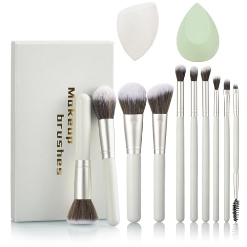 Gift Ready 10 Piece grayish green Makeup Brushs Set and 2 Piece Makeup Sponge – Wooden Handle with Soft Synthetic Bristles, Concealer, Powder – (Ideal for Christmas, Birthday, Women)
