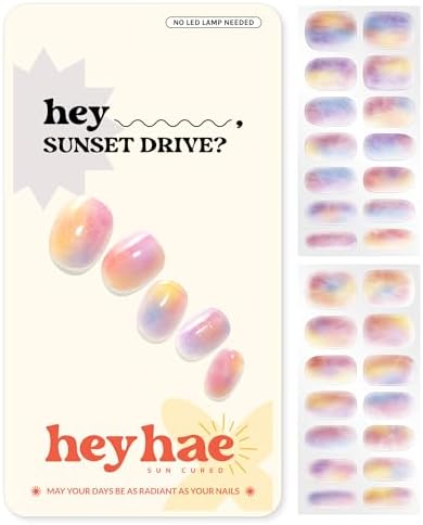 Semi Cured Gel Nail Strips | No LED Lamp Needed | Marble, Pink, Spring | Easy Apply & Remove, Salon Quality | Includes 28 Strips, 1 Prep Pads, Nail File & Wooden Stick - Hey, Sunset Drive?