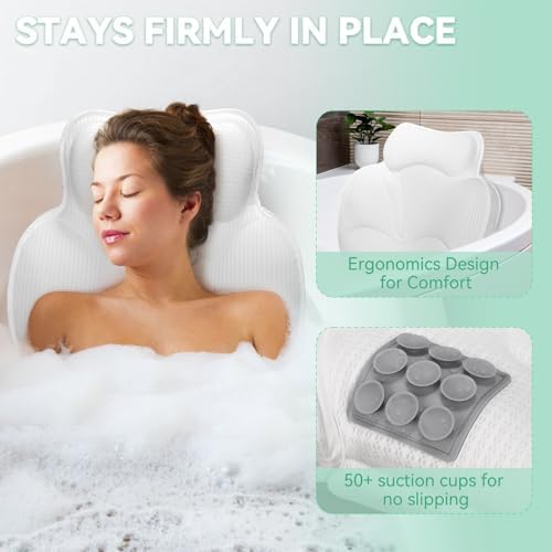 Bath Pillows for Tub - Luxury Bathtub Pillow Neck, Head, Back Support, Soft 4D Mesh Fabric and Non-Slip Suction Cups & Quick Dry, Fits All Tubs, Bath Soaking Accessories Spa Gifts, White