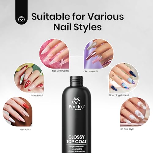 Beetles Extra Glossy Top Coat Bulk 300ml No Wipe Gel Top Coat Refill, Super Large Capacity High Shine Gel Nail Polish Clear Glossy Gel Polish Art Supplies for Techs Manicure Store or Nail Salon Lover