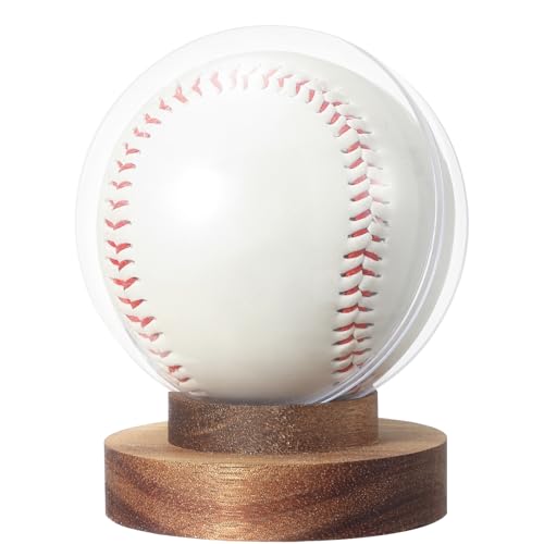 JupDec Baseball Display Case, Round Clear Ball Holder with Wooden Base, Autograph Baseball Stand Box for Single Ball, Acacia Wood, Brown