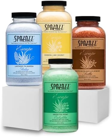 Hot Tub & Spa Bath Salt Aromatherapy Crystals Gift Set - Spazazz Escape Collection Bundle 4-Pack (22oz Each) - Lavender Palmarosa, Verbena Lime Coconut, Green Tea Peony, White Musk Vanilla Jasmine