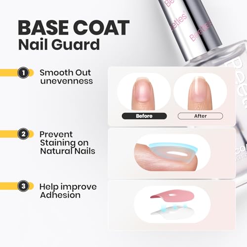 Beetles 2Pcs 15ml Nail Polish Top Coat and Base Coat Set, Fast Drying & Long Lasting Shine Clear Nail Polish, 3 IN 1 Protects Nails, Enhances Glossy and Nourishes Nails