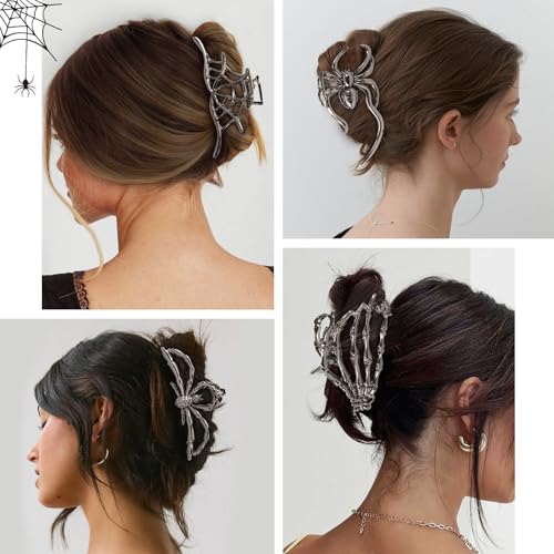 4 PCS Spider Metal Claw Clips, Gothic Hair Claw Clips for Women Girls, Non-Slip Hair Claws for Thick Thin Hair, Spider Web Skeleton Hand Skull Medium Hair Accessories for Women Halloween Party (Black)