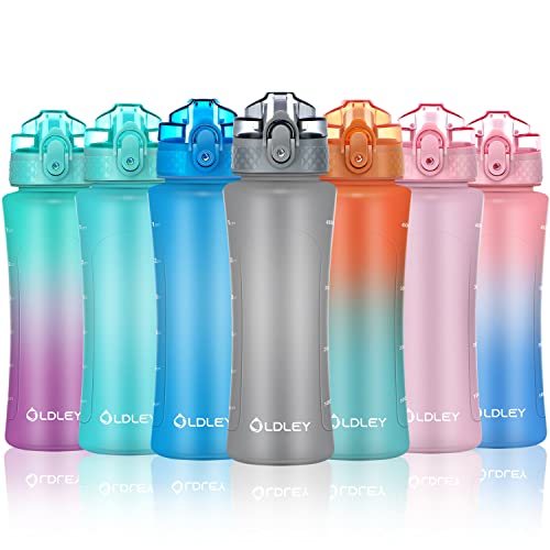 OLDLEY Kids Water Bottle with Straw 15 oz BPA-Free Leak-Proof Motivational Water Bottles with Time Marker for School Sports Travel Gym, Easy to Use for Girls Goys, 1 Straw Lid, Grey