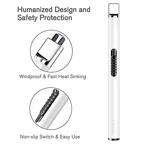 REIDEA USB Candle Lighter, Windproof Flameless Electronic Lighter with Safety Protector Button, Rechargeable Lighter for Home Candle Outdoor Activities (White)