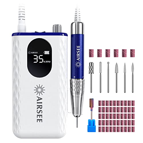 AIRSEE 35000 RPM Professional Electric Rechargeable Nail Drill File Machine for Acrylic Extension Gel Dip Powder Powerful Cordless Portable Efile 56 Sanding Bands 7 Bits LCD Scrn Salon Manicure Use G7
