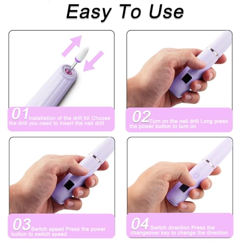 AOMEES Portable Electric Nail File, Cordless Nail Drill with Light for Acrylic, Gel Nails, 12 in 1 Personal Polish Manicure Tools with Nail Drill Bits for Salon Home Use (Lavender)