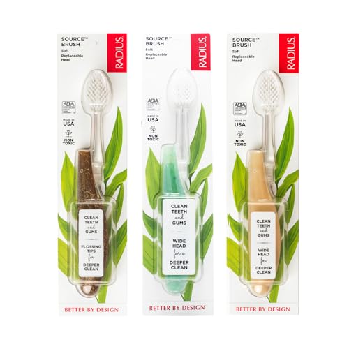 RADIUS Toothbrush Source Floss Brush BPA Free & ADA Accepted Improve Gum Health & Reduce Gum Issues - Soft - Hemp/Soda Pop Ecogrind/Starch- Pack of 3