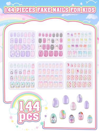 144 Pieces Press on Nails for Kids, EBANKU 6 Pack Kid Fake Nail Cute Colorful Press on Nails for Girls 5-12 Years with Pre- Adhesives