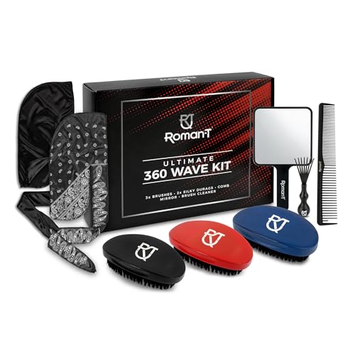 8-in-1 360 Wave Kit for Men - Grooming Kit for 360 Waves - 3 Wave Brushes, Soft, Medium & Hard - 2 Satin Durag, Hand Mirror, Comb, Hair Brush Cleaner - Gift Set, Black