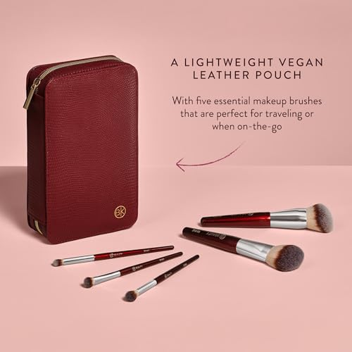 BK BEAUTY Travel Brush Set with Pouch 5-Piece Vegan, Cruelty-Free Brushes for Face & Eyes | Lightweight, Durable Makeup Brushes in Vegan Leather Pouch Perfect Travel-Size Makeup Brush Set
