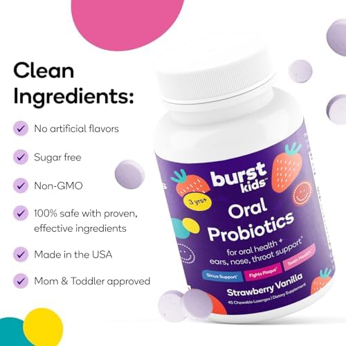 Burst Kids Probiotics (Strawberry Vanilla) | 45 Lozenges for Kids 3+ to Support Optimal Oral, Ear, Throat & Respiratory Health | 3 Billion CFUs | Safe Ingredients | Made in USA