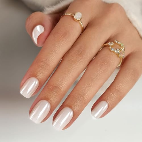 Pearl White Press on Nails Short - Soft Gel Chrome Press on Nails Square for Women Gift, Glossy Glue on Nails in 16 Sizes - 32 Reusable Fake Nails with Glue, Pearl White