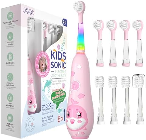 SEAGO Kids Electric Toothbrushes Rechargeable, Toddler Electric Toothbrush with Magnetic Charging, LED Observing Light, 8 Toothbrush Heads for Ages 2-4-6 Boys Girls (Pink)