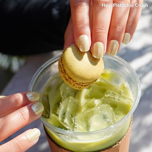 Semi Cured Gel Nail Strips | No LED Lamp Needed | Summer, Chrome, Green | Easy Apply & Remove, Salon Quality | Includes 28 Strips, 1 Prep Pads, Nail File & Wooden stick - Hey, Pistachio Crush