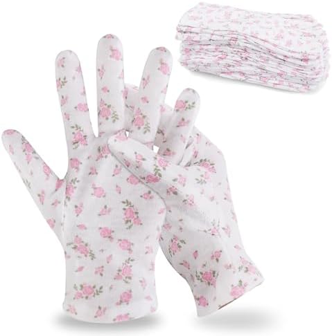 12 Pairs Premium 100% Cotton Gloves, Dry Hands & Eczema, Overnight Lotion & Spa Treatment for Women & Men, Reusable | White Floral Dots
