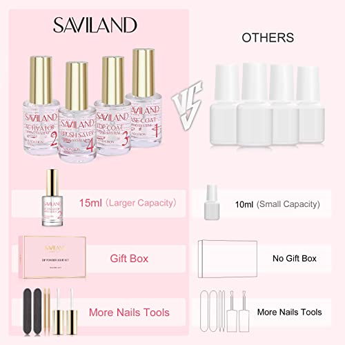 SAVILAND Dip Powder Liquid Set 15 ml/0.5 oz,10 Pcs Nail Dip Liquid Set with Base/Top Coat, Activator Brush Saver Acrylic Gel Nail File No Curing Needed DIY Home Salon Quality