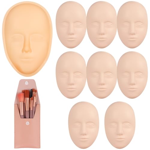 Silicone Mannequin Face Set - 8 Pcs, Practice Face Board, 8 Makeup Brushes for Permanent Makeup & Art Creation