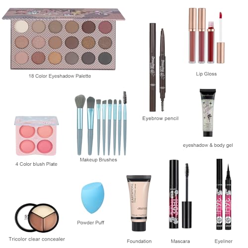 All in One Makeup Kit Includes18-Color Eyeshadow Palette Lip Gloss Brow Pencil Blush Concealer Foundation Mascara & Eyeliner with Travel-Friendly Tools for Everyday Glam