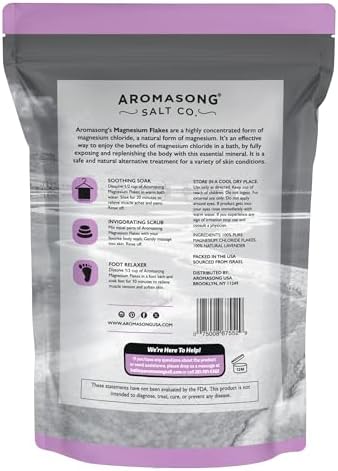 Aromasong RAW Magnesium Bath Flakes with 100% Natural Lavender, 3 LB Muscle Relaxing Organic Salts Mg Chloride, Mineral Soak. (Packaging May Vary)