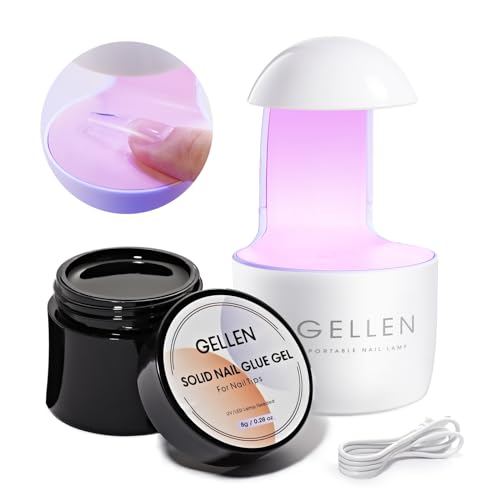 Gellen Solid Nail Glue Gel Kit - 8g Gel and 8w Mini UV Light LED Lamp for Cured Nails, Press on Glue for Acrylic Fake Tips, Salon Art DIY at Home