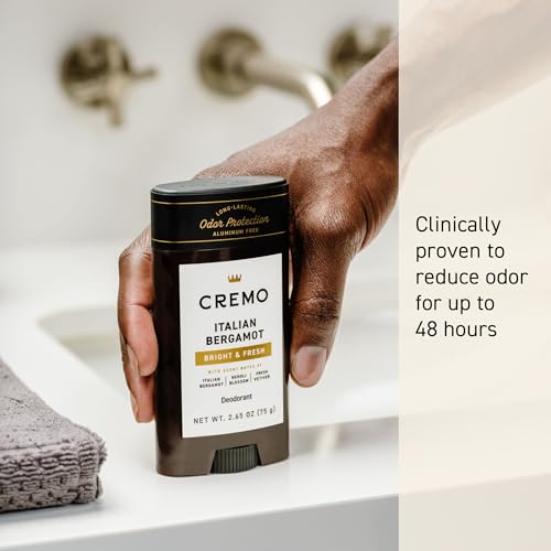 Cremo Italian Bergamot Aluminum Free Deodorant for Men, 48-hour Long Lasting Odor Protection, 2.65oz