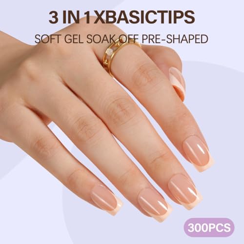 Misssix XBASICTIPS French Tip Press On Nails, 300Pcs French Gel Nail Tips Short Square, Soft Gel Pre-shaped No Need to File 3 in 1 Tips, Fake Nails for Nail Art DIY Extension Designs 15 Sizes