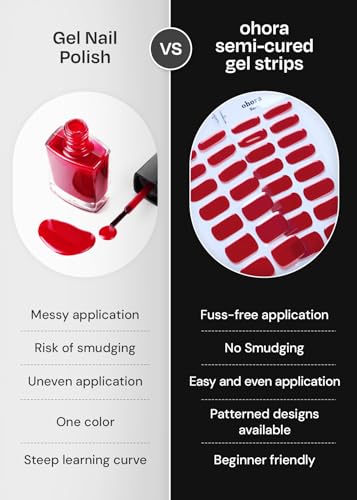 ohora Semi Cured Gel Nail Strips (N Chilly) - Red, Solid, Works with Any UV/LED Lamps, Salon-Quality, Long Lasting, Easy to Apply & Remove - Includes 2 Prep Pads, Nail File & Wooden Stick