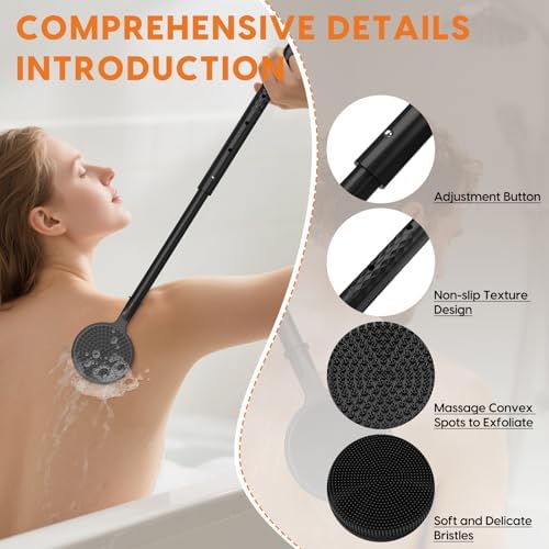 VWMYQ Silicone Back Scrubber for Shower, 24in Adjustable Handle Body Brush, Double Sided Shower Brush for Shower Exfoliating and Massage Can Produce Rich Foam, Long Handle Back Scrubber for Men