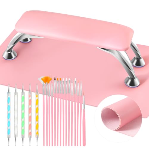 Big Arm Rest for Nails Cushion, Microfiber Leather Nail Arm Rest, Soft Hand Rest for Nails Toenails, Removable Nail Hand Rest with Installation Tools and Manicure Tools (Pink)